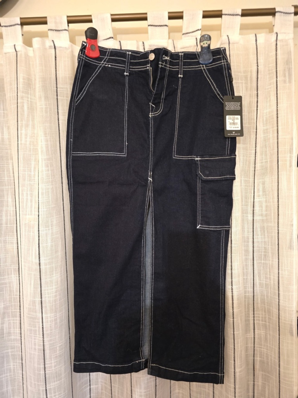 True Religion Navy Straight Leg Jeans with White Contrast Stitch
